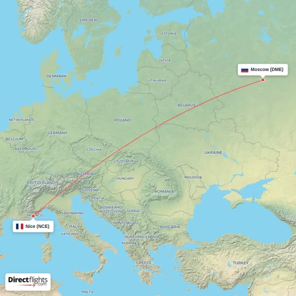 Moscow - Nice direct flight map