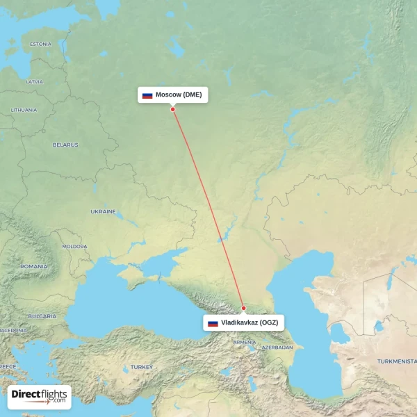 Moscow - Vladikavkaz direct flight map