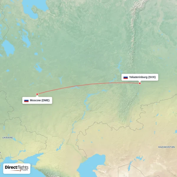 Moscow - Yekaterinburg direct flight map