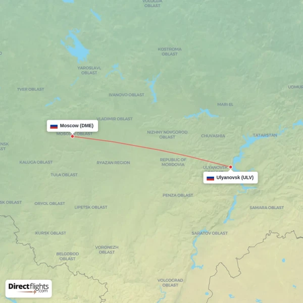 Moscow - Ulyanovsk direct flight map