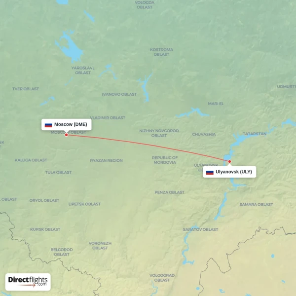 Moscow - Ulyanovsk direct flight map