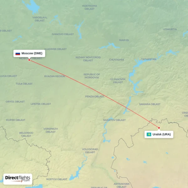Moscow - Uralsk direct flight map