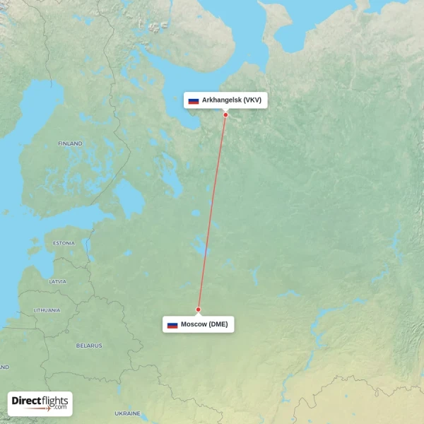 Moscow - Arkhangelsk direct flight map