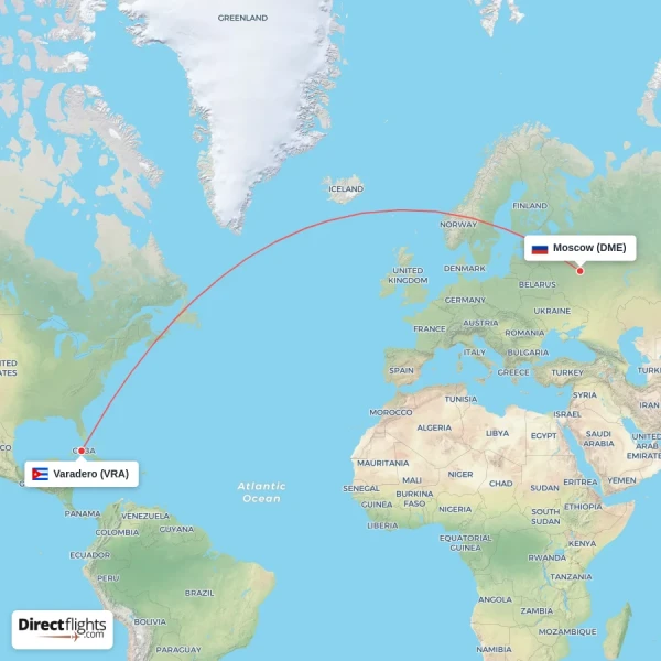 Moscow - Varadero direct flight map