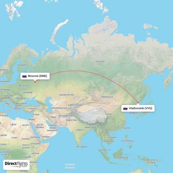 Moscow - Vladivostok direct flight map