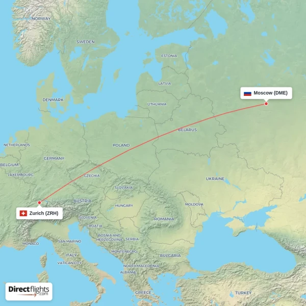 Moscow - Zurich direct flight map