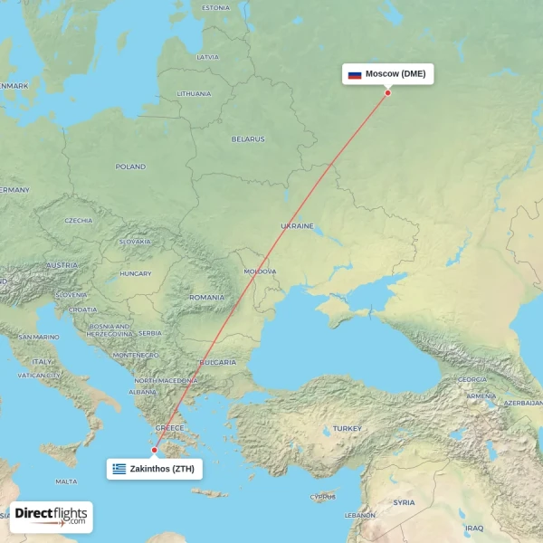 Moscow - Zakinthos direct flight map
