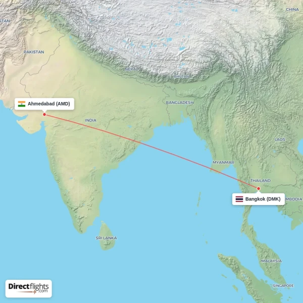 Bangkok - Ahmedabad direct flight map