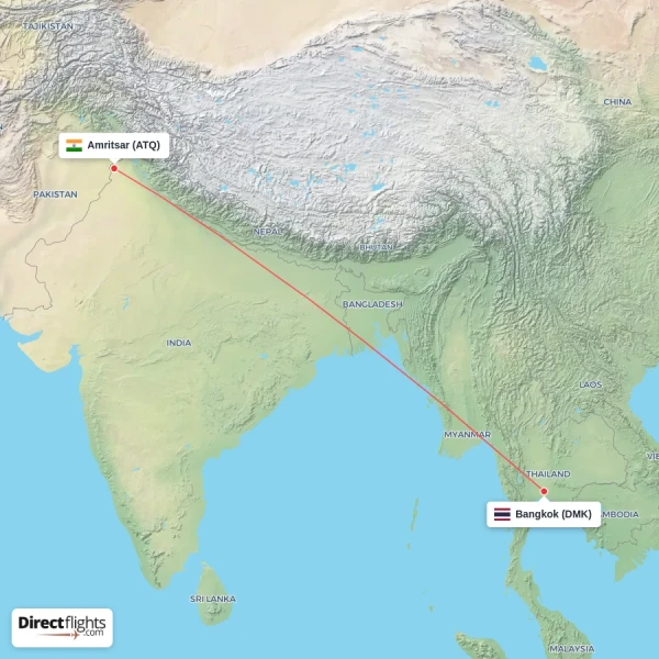 Bangkok - Amritsar direct flight map