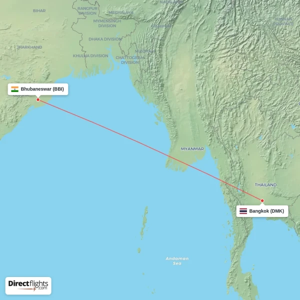 Bangkok - Bhubaneswar direct flight map
