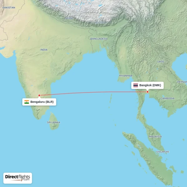 Bangkok - Bengaluru direct flight map