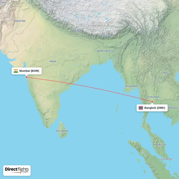 Bangkok - Mumbai direct flight map