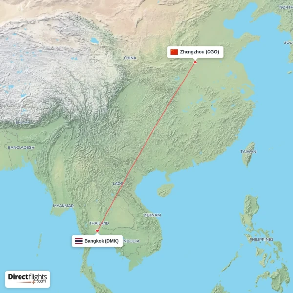 Bangkok - Zhengzhou direct flight map