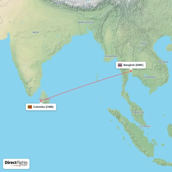 Bangkok - Colombo direct flight map