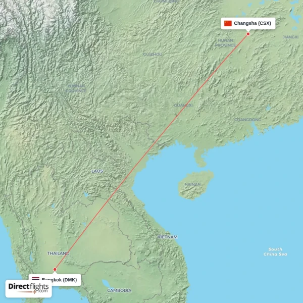 Bangkok - Changsha direct flight map