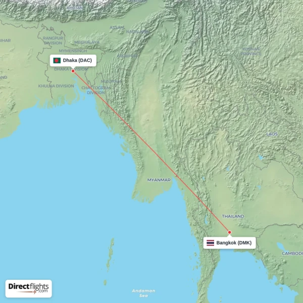 Bangkok - Dhaka direct flight map