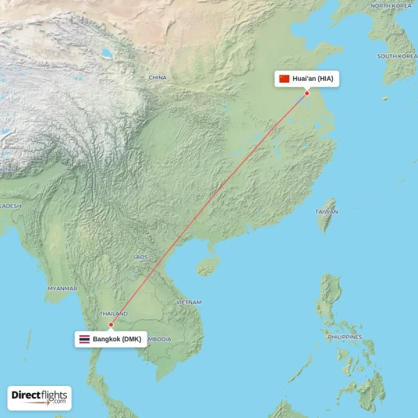 Bangkok - Huai'an direct flight map
