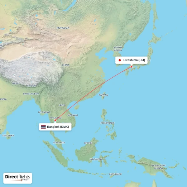 Bangkok - Hiroshima direct flight map