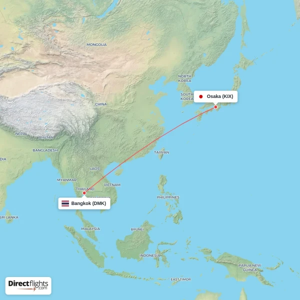 Bangkok - Osaka direct flight map
