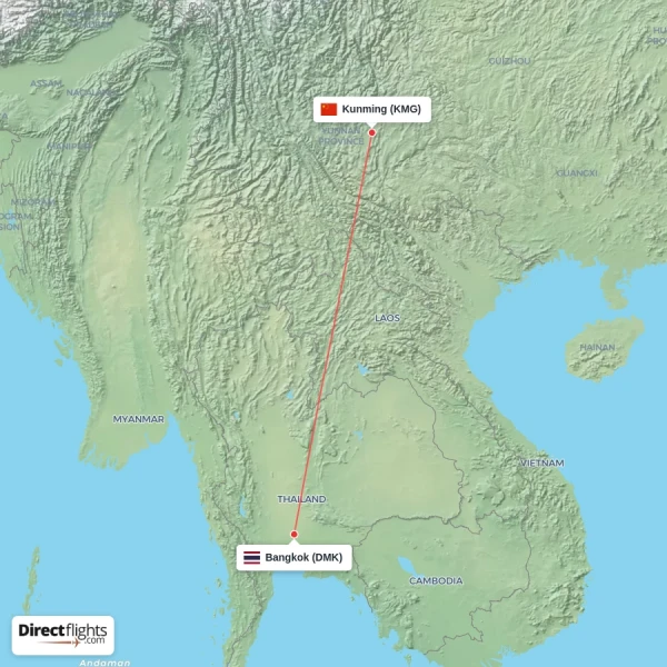 Bangkok - Kunming direct flight map