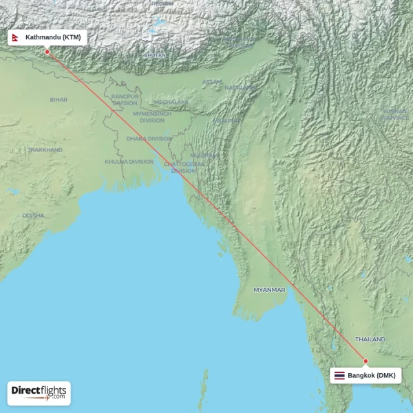 Bangkok - Kathmandu direct flight map