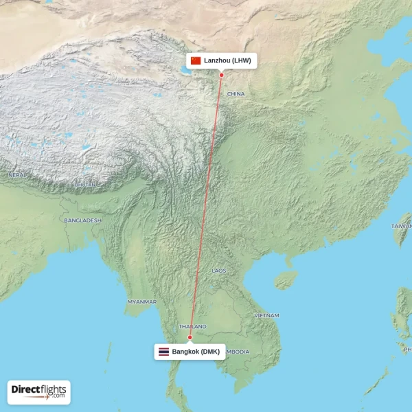 Bangkok - Lanzhou direct flight map