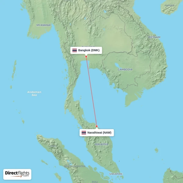 Bangkok - Narathiwat direct flight map