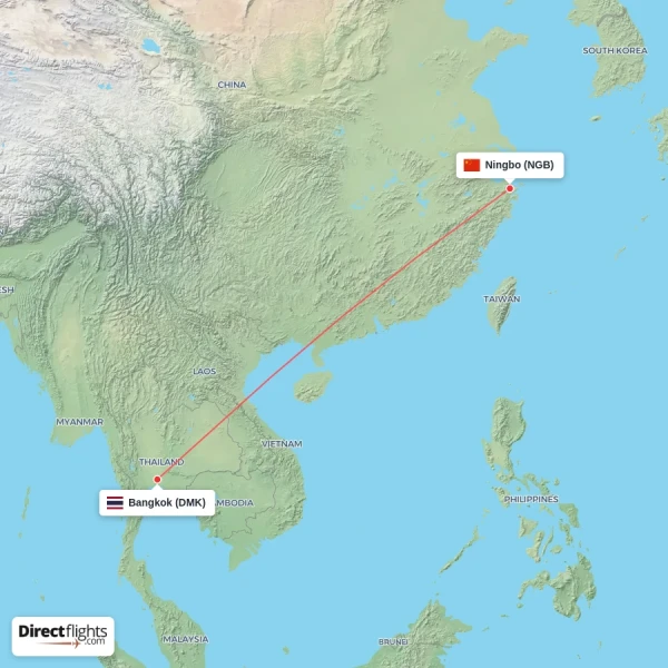 Bangkok - Ningbo direct flight map