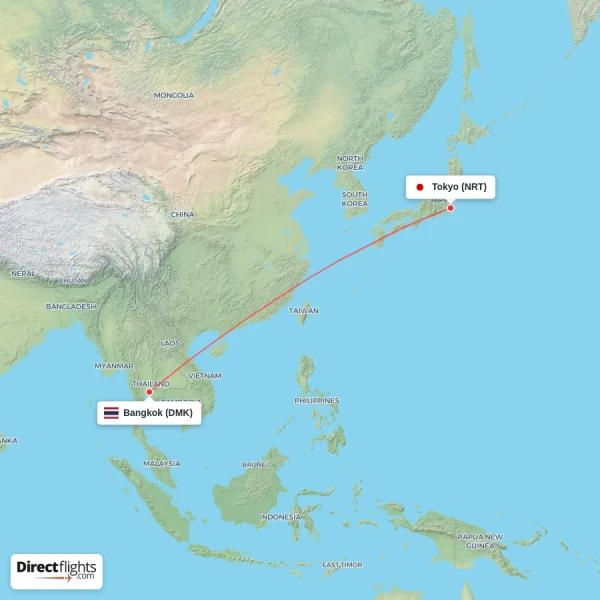 Bangkok - Tokyo direct flight map