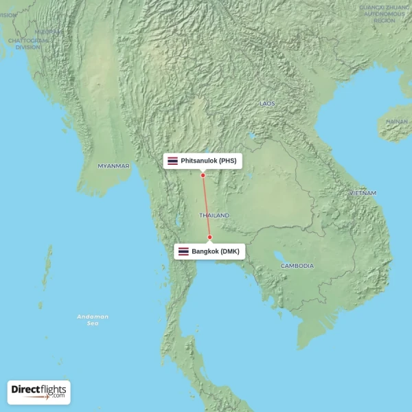 Bangkok - Phitsanulok direct flight map