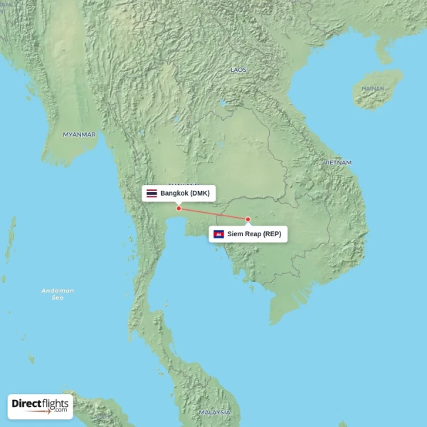 Bangkok - Siem Reap direct flight map