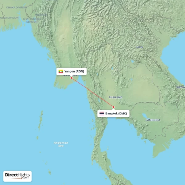 Bangkok - Yangon direct flight map