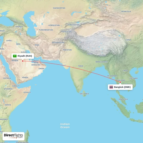 Bangkok - Riyadh direct flight map
