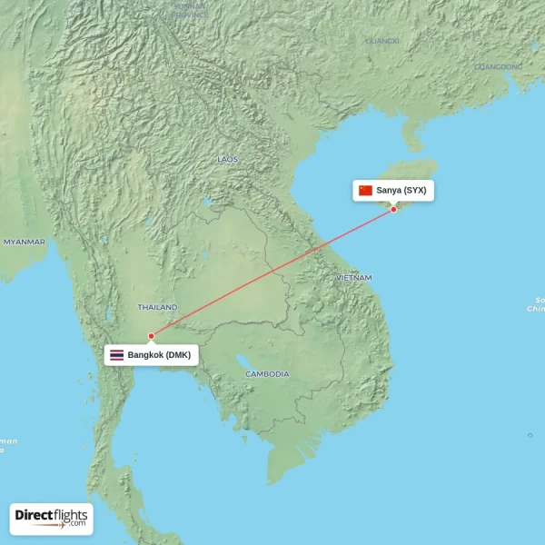Bangkok - Sanya direct flight map