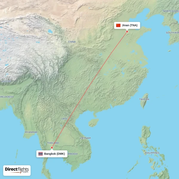 Bangkok - Jinan direct flight map