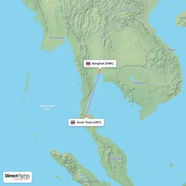 Bangkok - Surat Thani direct flight map