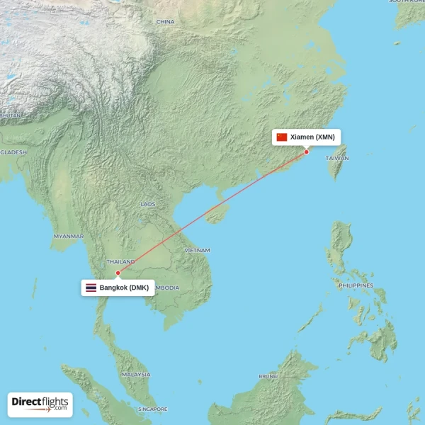 Bangkok - Xiamen direct flight map