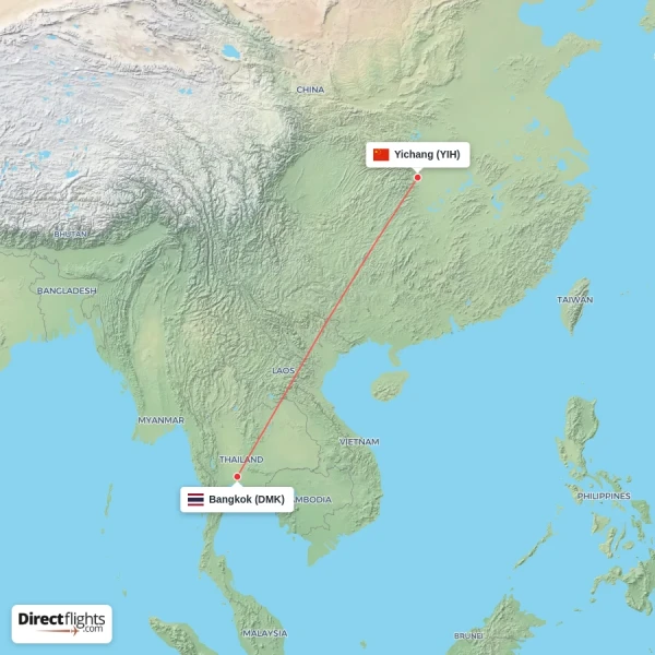 Bangkok - Yichang direct flight map