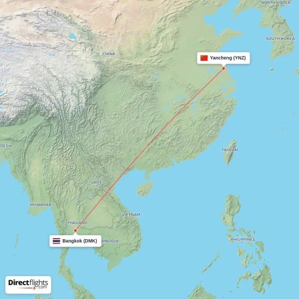 Bangkok - Yancheng direct flight map