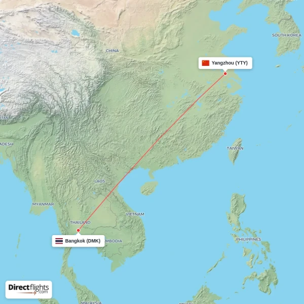 Bangkok - Yangzhou direct flight map