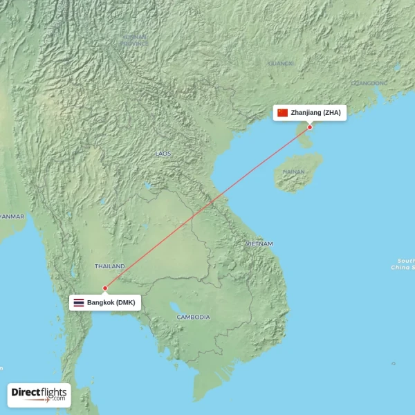 Bangkok - Zhanjiang direct flight map