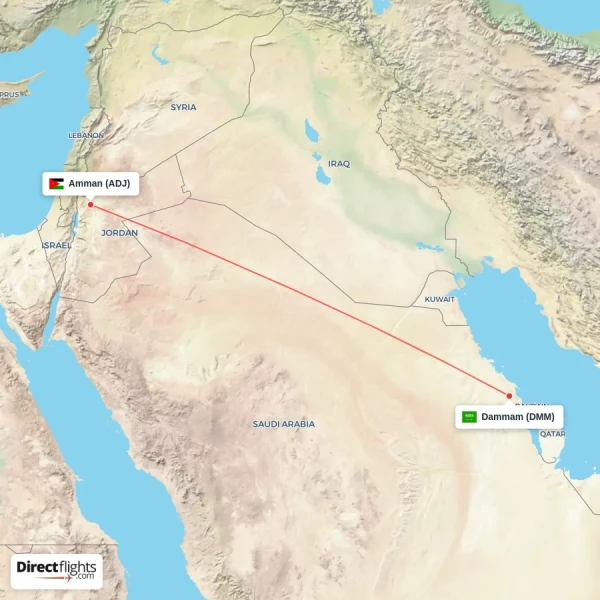 Dammam - Amman direct flight map