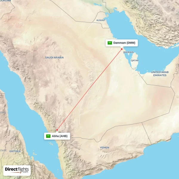 Dammam - Abha direct flight map