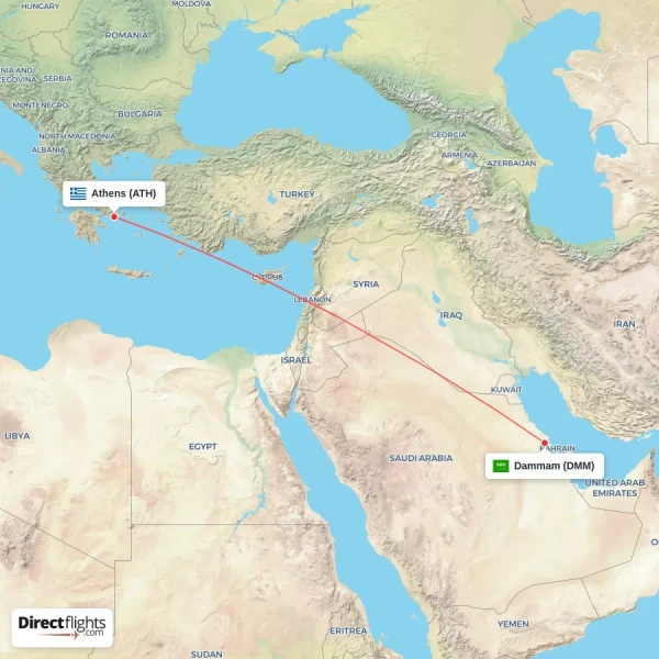 Dammam - Athens direct flight map