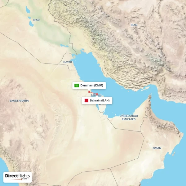 Dammam - Bahrain direct flight map