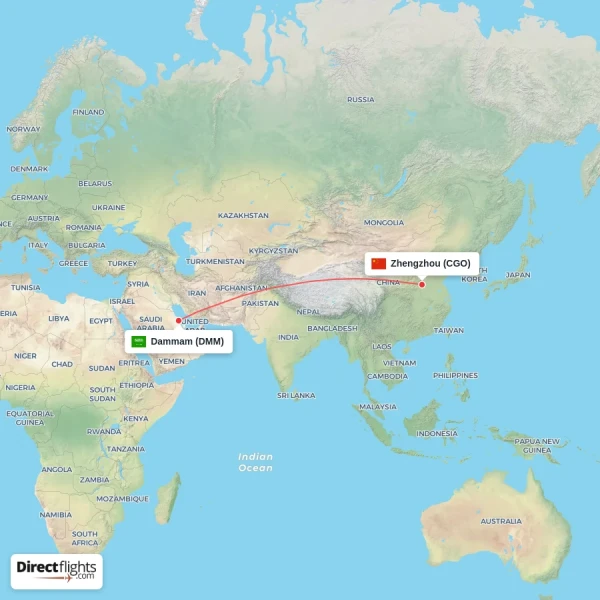 Dammam - Zhengzhou direct flight map