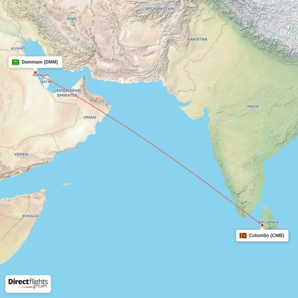 Dammam - Colombo direct flight map