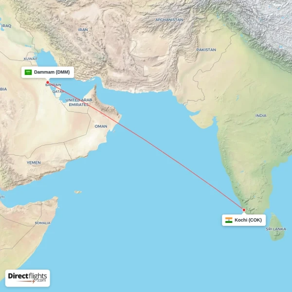Dammam - Kochi direct flight map