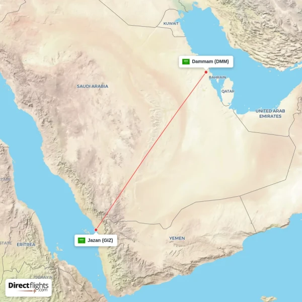 Dammam - Jazan direct flight map
