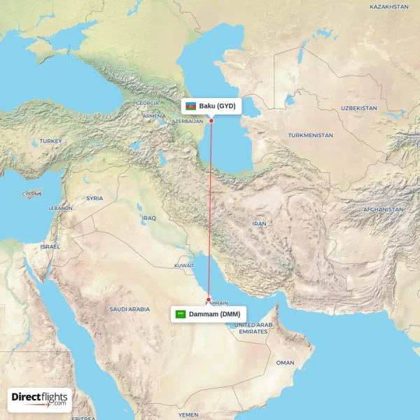 Dammam - Baku direct flight map